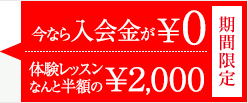今なら入会金0円 体験レッスンが半額 2000円（税別）
